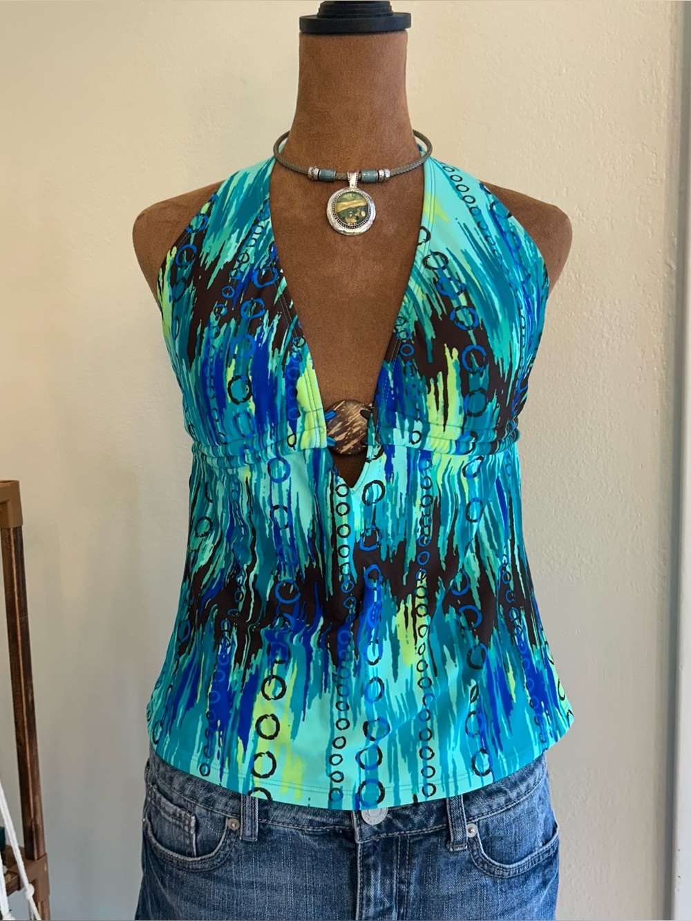 Y2K Earthy Boho Teal + Brown Halter Neck Tankini Top w Wood Circle Accent